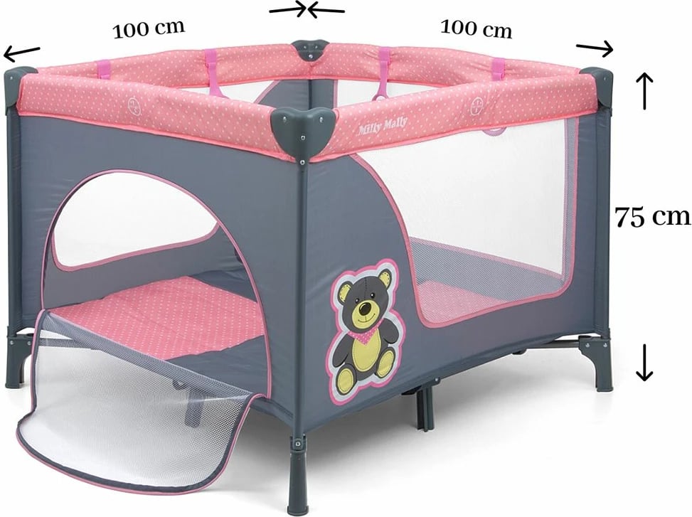 Park loje palosës për bebe, Milly Mally, Fun, 100x100 cm, me dyshek dhe çantë transporti, rozë