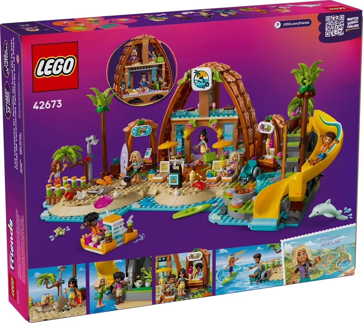 Set LEGO Friends Family Vacation Beach Resort 42673, 6 minifigura, për fëmijë 8+