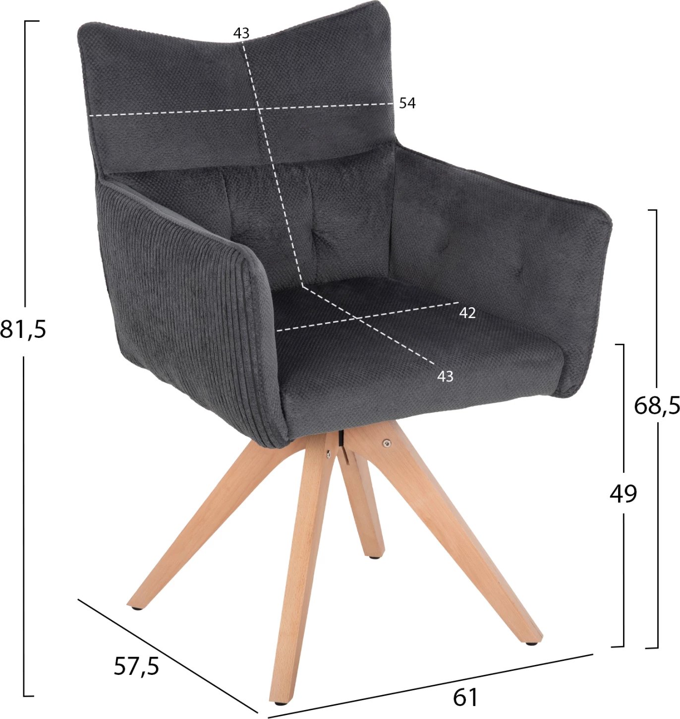 Karrige ngrënieje me krahë QUILL FH9843.03, pëlhurë gri, këmbë druri ahu, 61x57,5x91H cm., set prej 2 copë