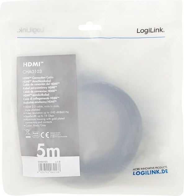 Kabllo HDMI LogiLink CHA0103, 5m, 4K/60Hz, Alumini, e zezë