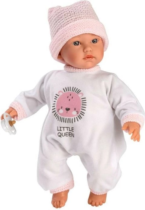Kukull bebe Llorens Cuquita 30 cm, me zë, me pajacyk dhe kapelë rozë