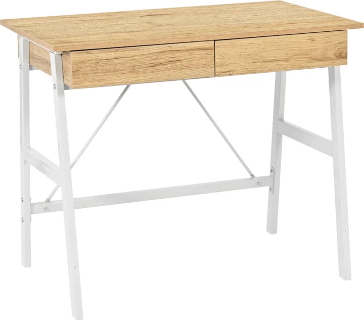 Tavolinë pune me sirtarë Lione, ngjyrë lisi me këmbë metalike të bardha, 90x50x75cm