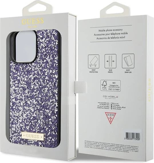 Mbështjellës Guess Rhinestone Metal Logo për iPhone 15 Pro, rozë
