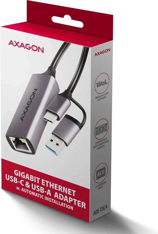 Adapter AXAGON ADE-TXCA Gigabit Ethernet, USB-C + USB-A, Gri