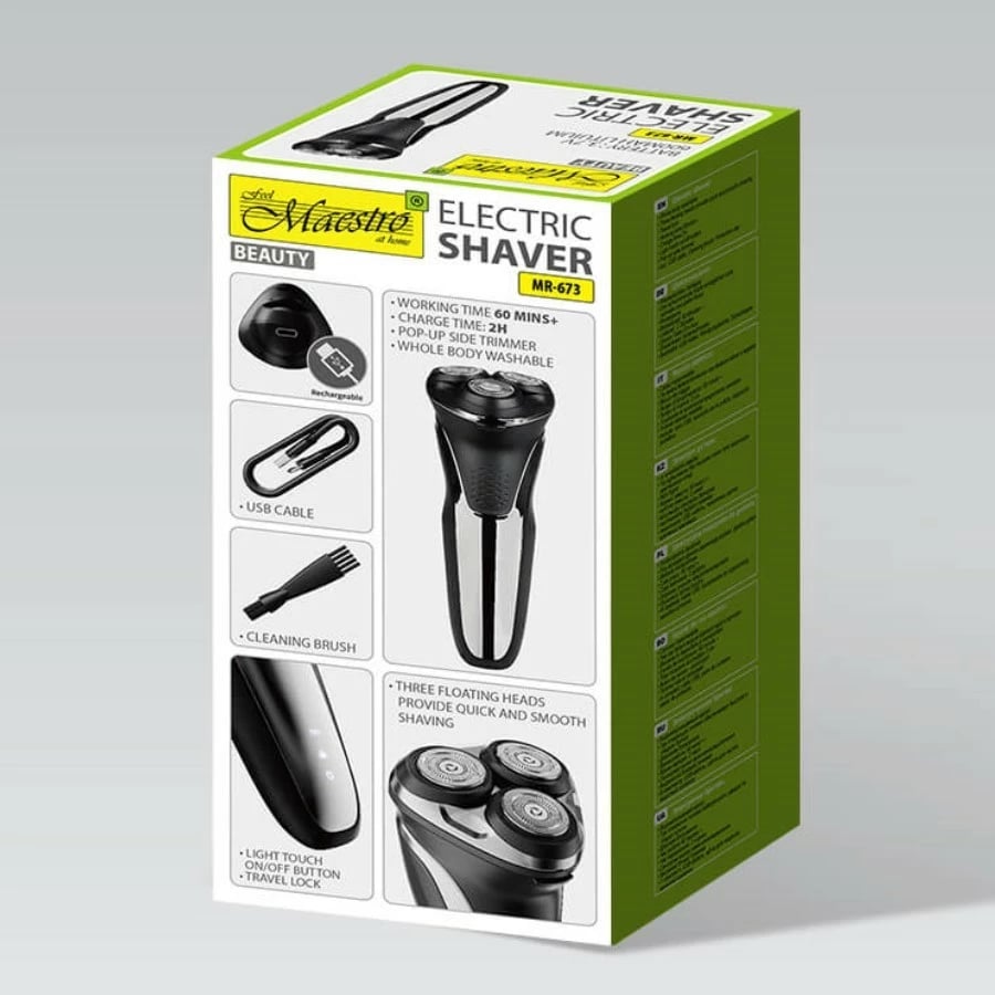 Makinë rroje elektrike meshkuj, Feel-Maestro, MR-673, 600 mAh/60 min, USB-C, IPX7, trimer anësor, e zezë/argjendtë