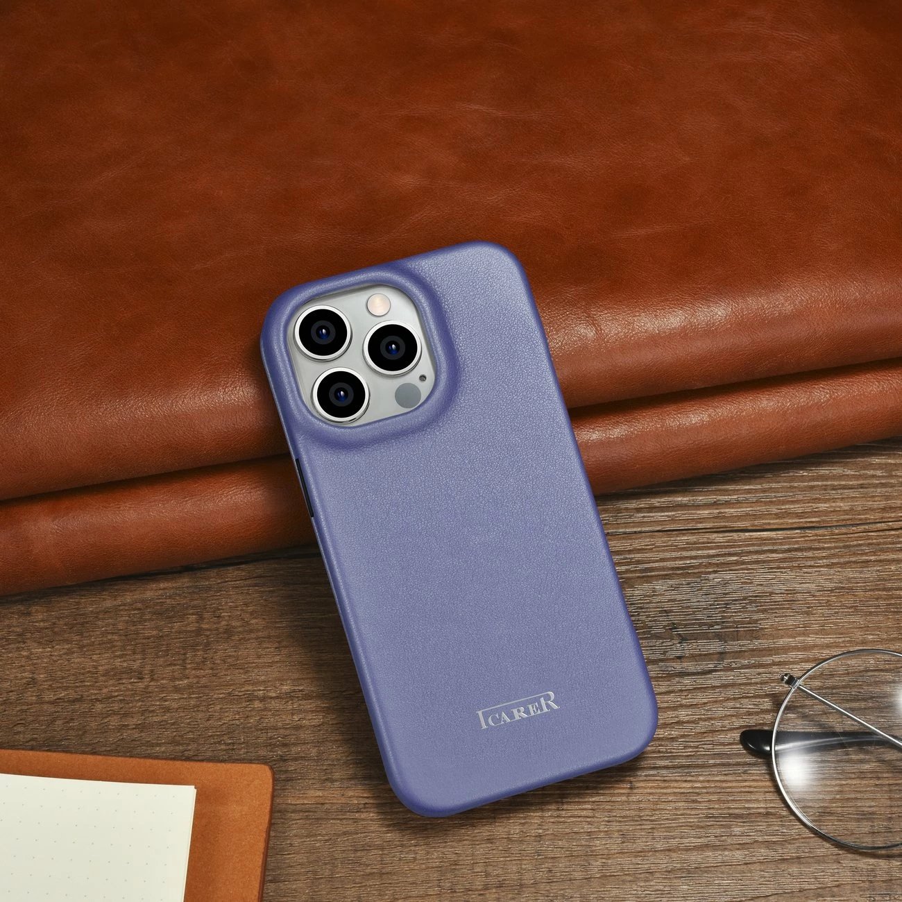 Mbështjellës iCarer CE Premium lëkure për iPhone 14 Pro Max, MagSafe, Vjollcë e lehtë