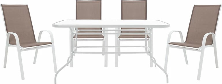 Tavolinë me karrige Valor-Calan B set prej 5 copë metalike e bardhë-tekstilen kafe 140x80x70cm