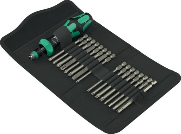 Set kaçavidash Wera Kraftform Kompakt 60 RA-R 1, 17 copë, me mbështjellës, dorezë e zezë/gjelbër