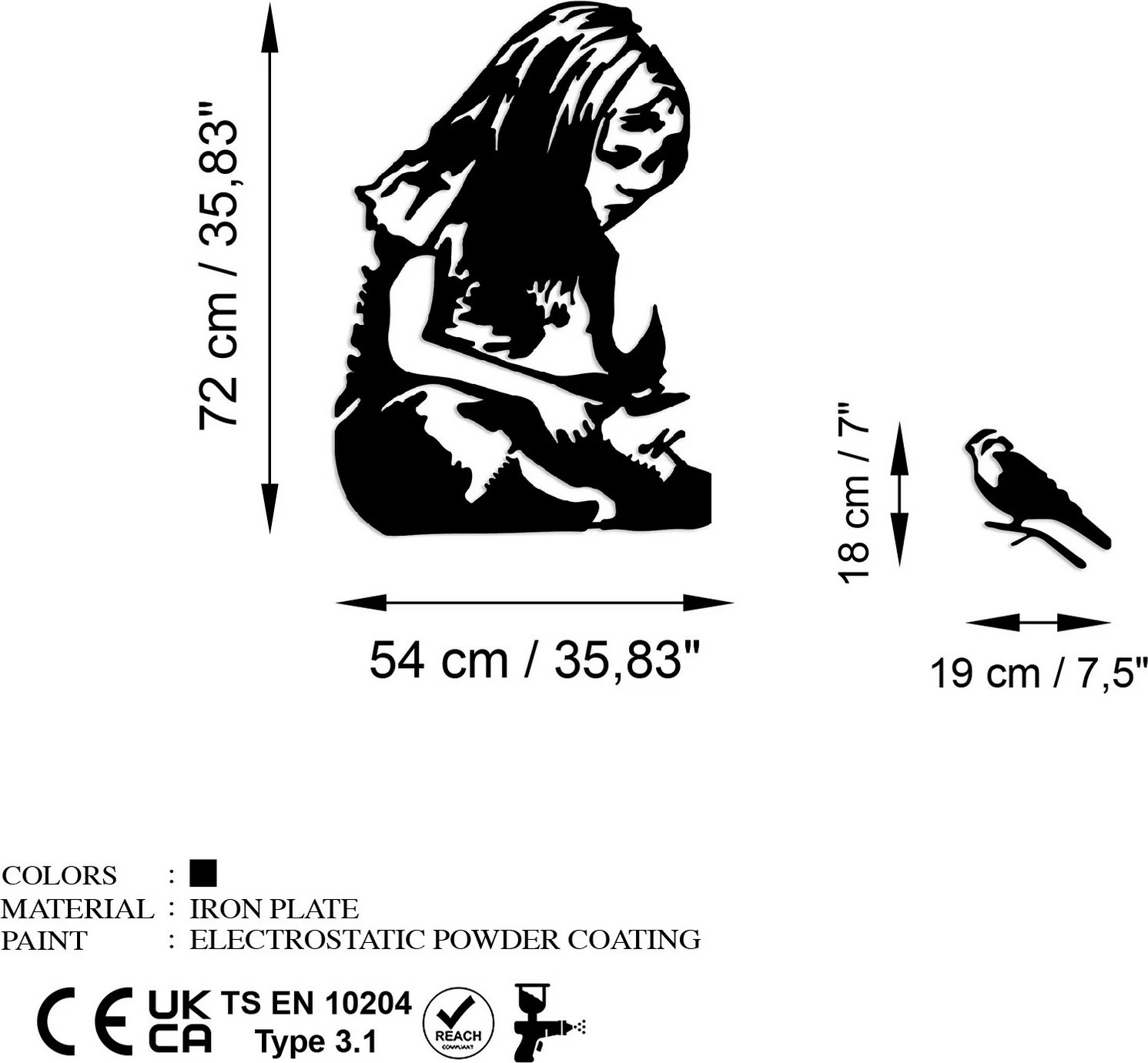 Aksesor dekorativ metalik për mur, Wallity Banksy Metal 07, ngjyrë e zezë, 54x72cm