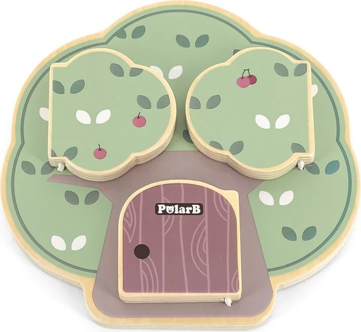 Dërrasë manipulative druri, Viga (PolarB), formë peme, 3 dyer me kafshë, 172x40x252 mm, 12M+, multingjyrëshe