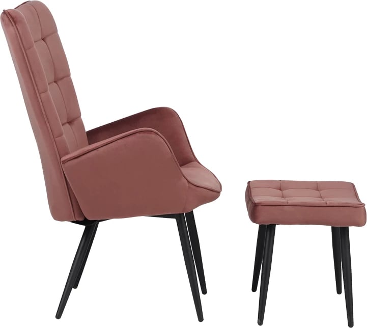 Fotel me stol Dorita, kadife ngjyrë mollë e kalbur, këmbë metalike të zeza, 68.5x76x103cm