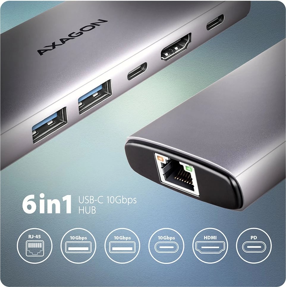 Hub USB-C AXAGON HMC-6G2L 6-në-1, 10Gbps, HDMI 4K/60Hz, PD 100W, Gri