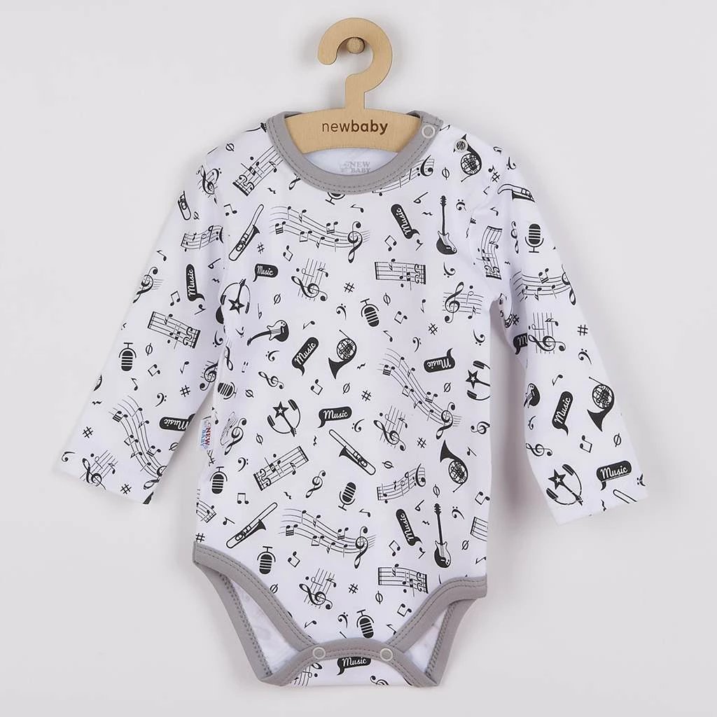 body bebe me mëngë të gjata New Baby Music, 100% pambuk, nr 86 (12–18m), e bardhë