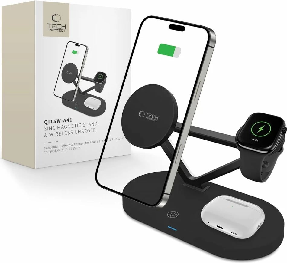 Karikues wireless 3-në-1 Tech-Protect QI15W-A41 me MagSafe për Apple, i zi