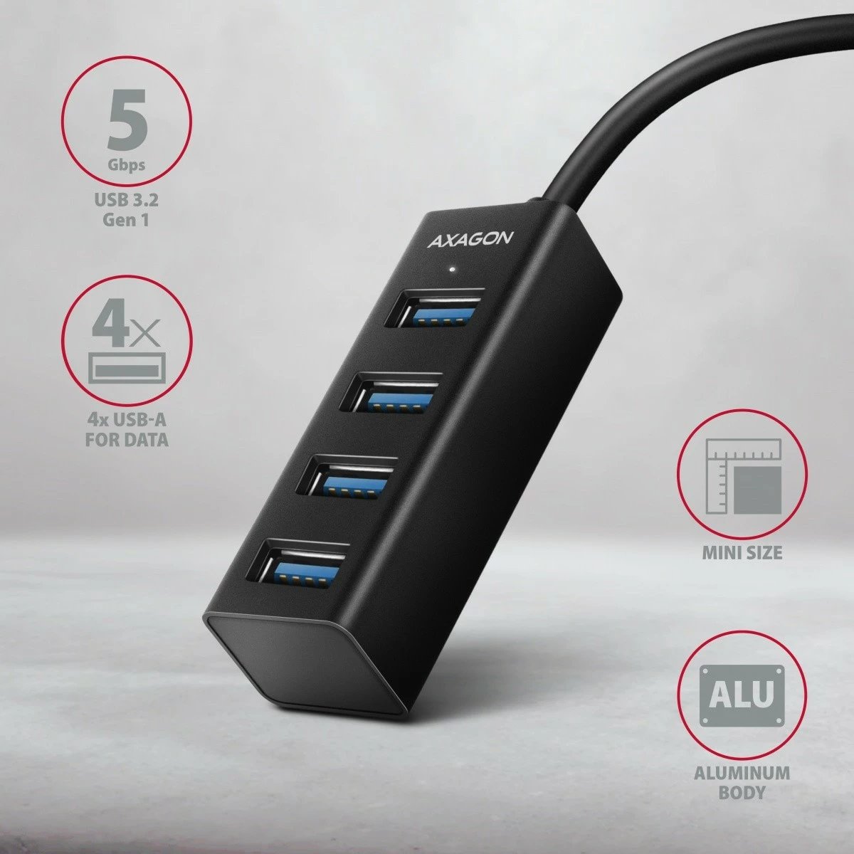Hub USB AXAGON HUE-M1AL, 4 porta, USB 3.2 Gen 1, kabllo 1.2m, zi