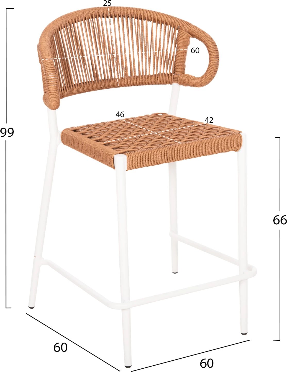 Karrige për bar, lartësi mesatare, EULO FH6087.02, alumin në të bardhë, ratan sintetik në bezhë, 60x60x99H cm