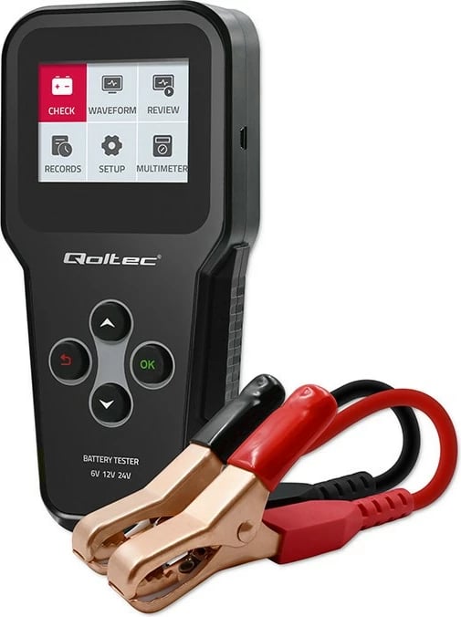 Tester baterie Qoltec 3-në-1, model 52489, LCD, 6V/12V/24V, i zi, me etui