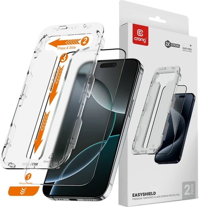 Xham i temperuar CRONG EasyShield për iPhone 16 Pro, 2 copë, kornizë e zezë