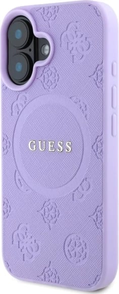 Mbështjellës Guess Saffiano Peony Classic Logo MagSafe për iPhone 16, vjollcë