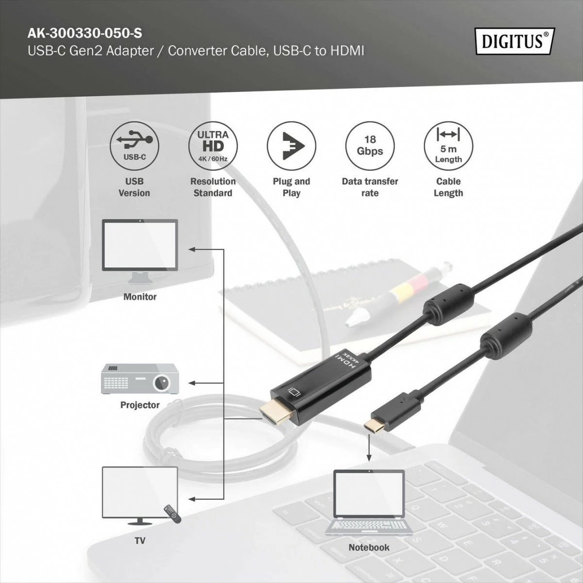Kabllo Digitus AK-300330-050-S USB Type-C në HDMI, 5m, e zezë