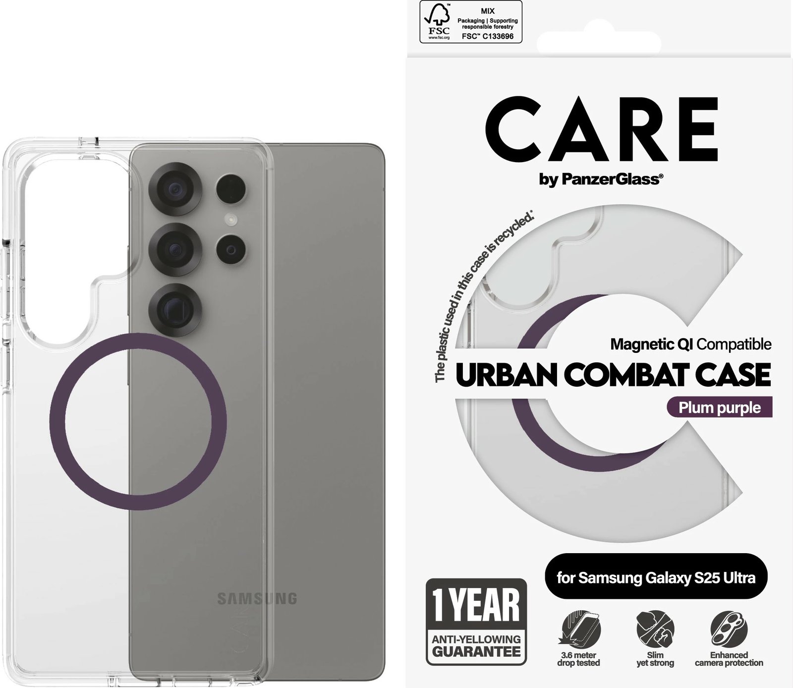 Mbështjellës PanzerGlass CARE Flagship Case, Galaxy S25 Ultra, transparent me rreth plum purple