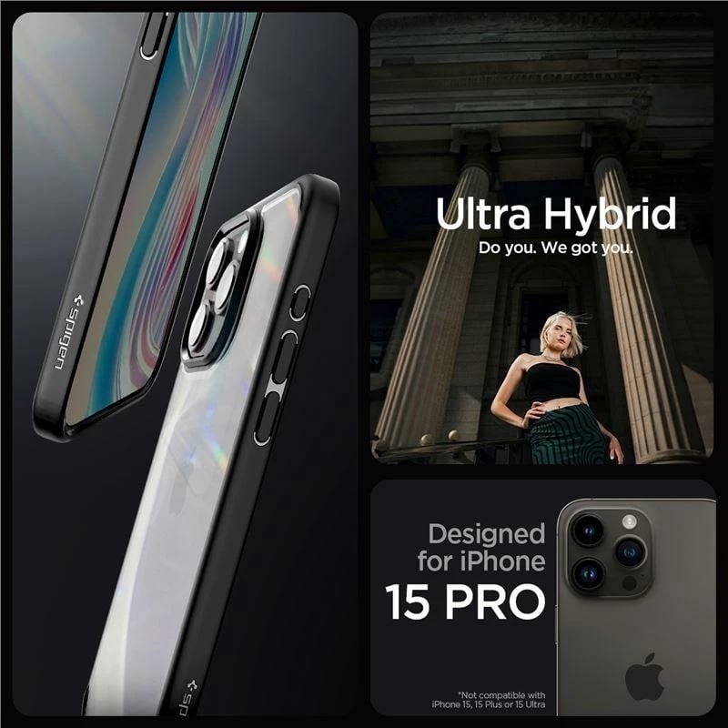 Mbështjellës Spigen Crystal Hybrid për iPhone 15 Pro, Transparent/Black