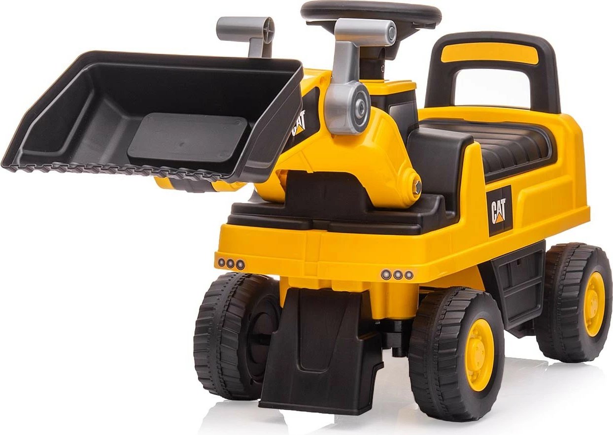 makinë lodër me hipje Milly Mally CAT Loader 5299, 4 rrota, krah e kovë lëvizëse, horn me AAA, deri 25 kg, 12–36 muaj, zezë/verdhe