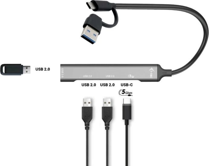Hub USB i-tec CAHUBMETALMINI4, 1x USB 3.0 + 3x USB 2.0, Metal, Gri