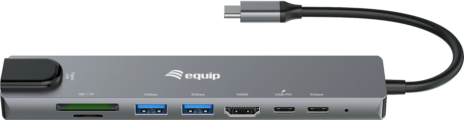 Adapter USB-C Equip, HDMI, 3x USB 3.2 Gen1, SD/TF, PD 100W, e zezë/gri
