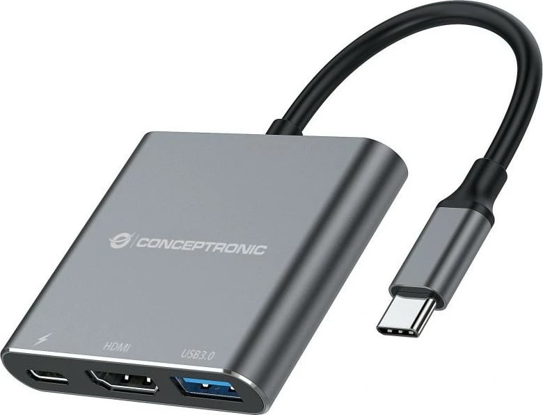 Stacion dokimi Conceptronic 3-1 USB-C në HDMI/USB-A/100WPD 25cm gri