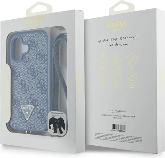 Mbështjellës Guess për iPhone 16, lëkurë, logo metalike, rrip, Blu
