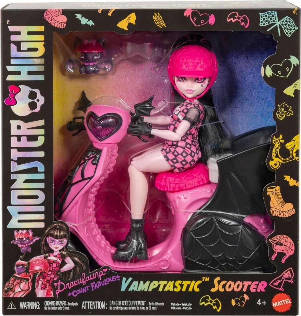 Kukull, Mattel Monster High Draculaura JDR61 me skuter, figurë lakuriqi Count Fabulous dhe 2 helmeta, rozë/zezë, set