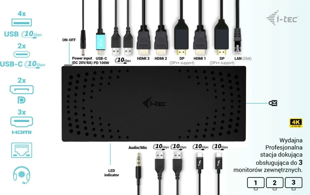 Stacion dokimi i-tec CATRIPLE4KDOCKPD2, 3x 4K, USB 3.0/USB-C/Thunderbolt, 100W, i zi Stacion dokimi i-tec CATRIPLE4KDOCKPD2, 3x 4K, USB 3.0/USB-C/Thunderbolt, 100W, i zi