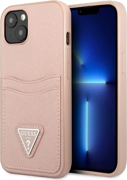 Mbështjellës Guess GUHCP13SPSATPP për iPhone 13 mini, Saffiano Triangle, rozë