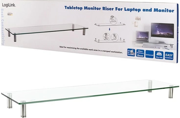 Mbajtëse monitori me xham, LogiLink, BP0060, 1000 x 260 x 93 mm, ngarkesë 20 kg, transparente e bardhë