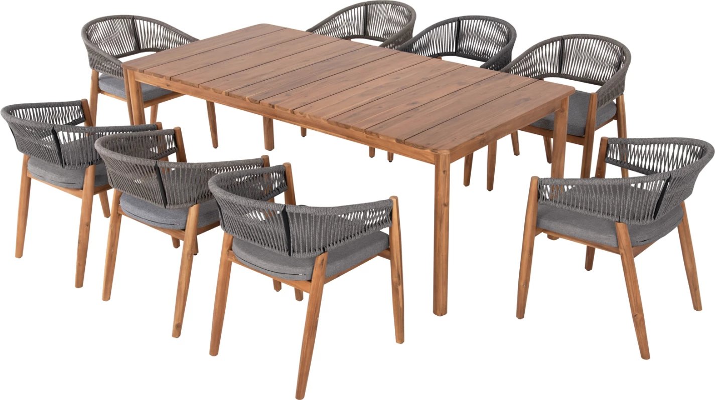 Tavolinë me karrige për terasë 9 copë NAVANT FH21066.01, dru akacie, litar gri