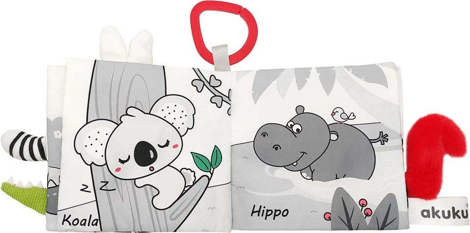 Libër sensorik kontrasti për bebe, Akuku Animals, 12 x 12 cm, me kapëse për karrocë/krevat, shumëngjyrësh