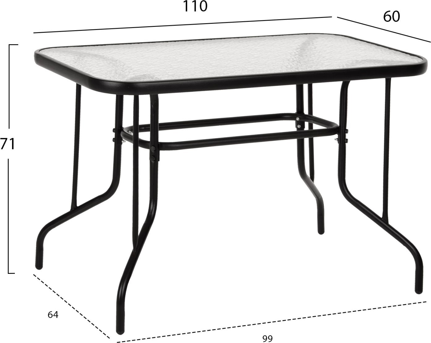 Tavolinë metalike për jashtë ADAM, e zezë, me sipërfaqe xhami të forcuar, 110x60x71 cm
