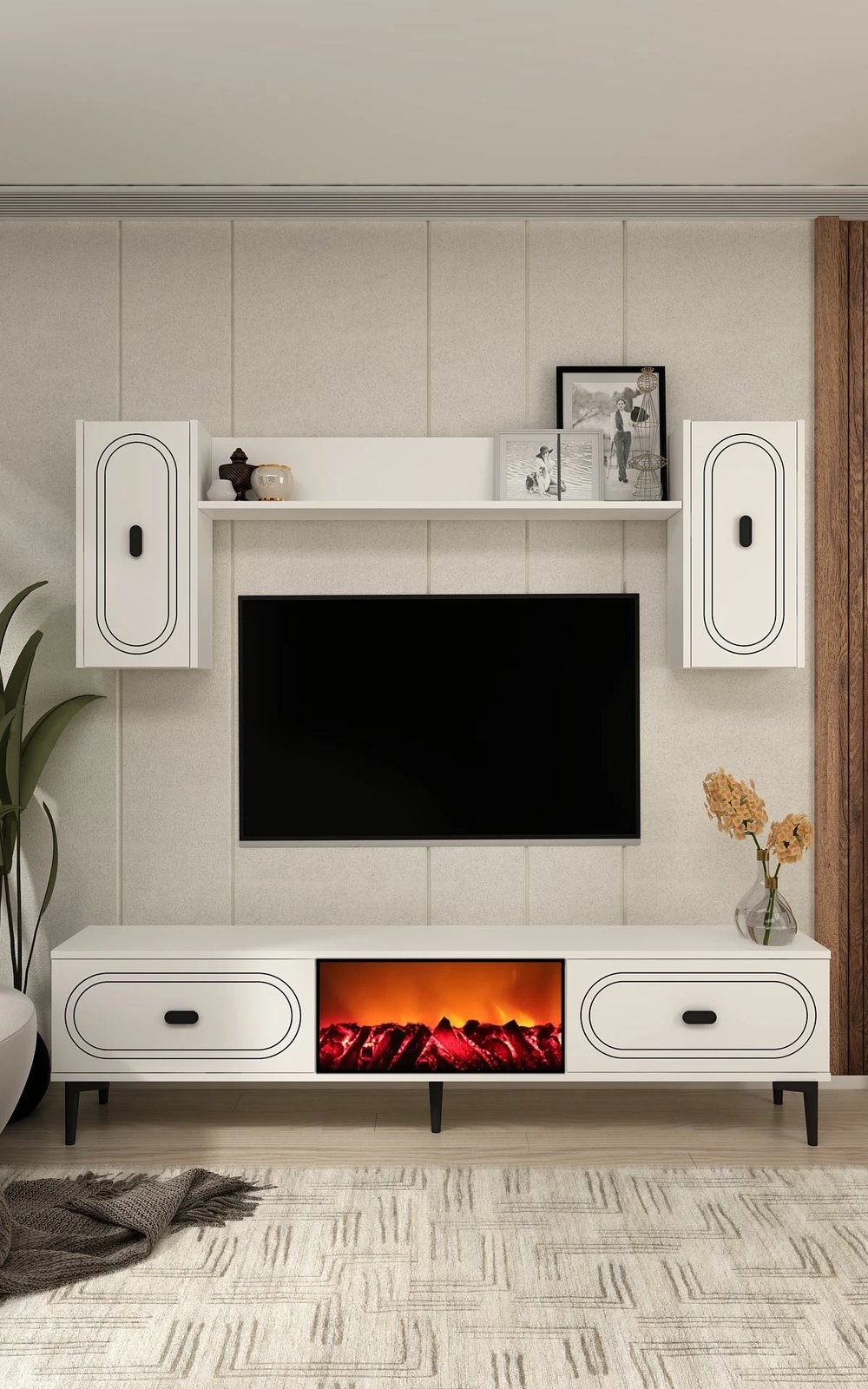 Njësi TV Skye Decor, weny bohem me oxhak dekorativ, e bardhë