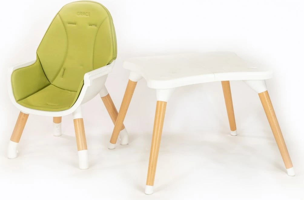 Karrige e lartë 3‑në‑1 për fëmijë, New Baby, Grace, tabaka e heqshme, rripa 5‑pikësh, eko‑lëkurë, këmbë druri, jeshile