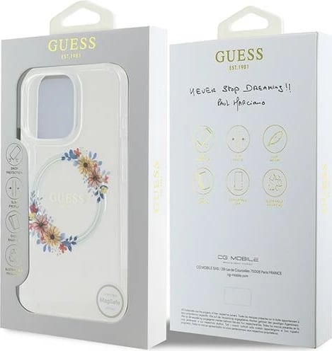 Mbështjellës Guess Flowers Wreath MagSafe për iPhone 16 Pro, Transparent