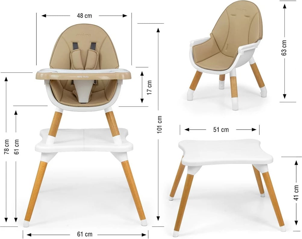 Karrige e lartë 2-në-1 për fëmijë, Milly Mally Malmo, dru fagu, tabaka e heqshme, rrip sigurie 5-pikësh, eko-lëkurë, deri 6 vjet, bezhë, set karrige e ulët + tavolinë
