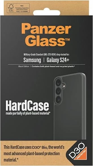 Mbështjellës PanzerGlass HardCase me D3O Bio për Samsung Galaxy S24+, i zi dhe transparent