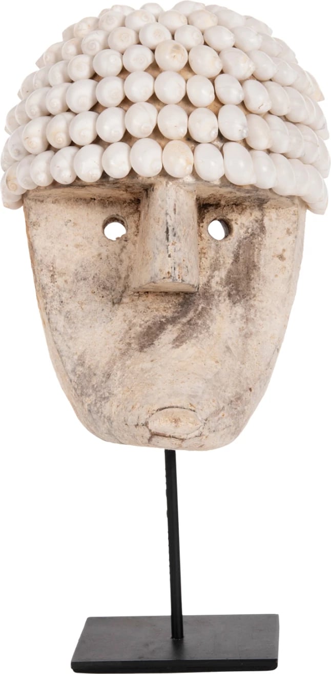 Dekor tavoline, fytyrë prej druri dhe guaskash, në qëndrim metalik të zi, FH4314, 16x11x32H cm