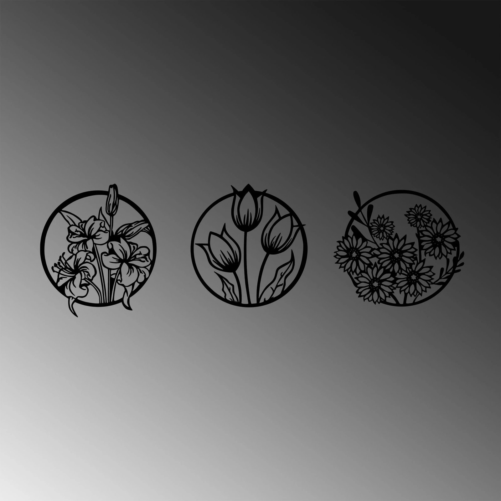 Aksesor dekorativ metalik për mur, lule, 273 M, set prej 3 copash, ngjyrë e zezë, 50x57cm