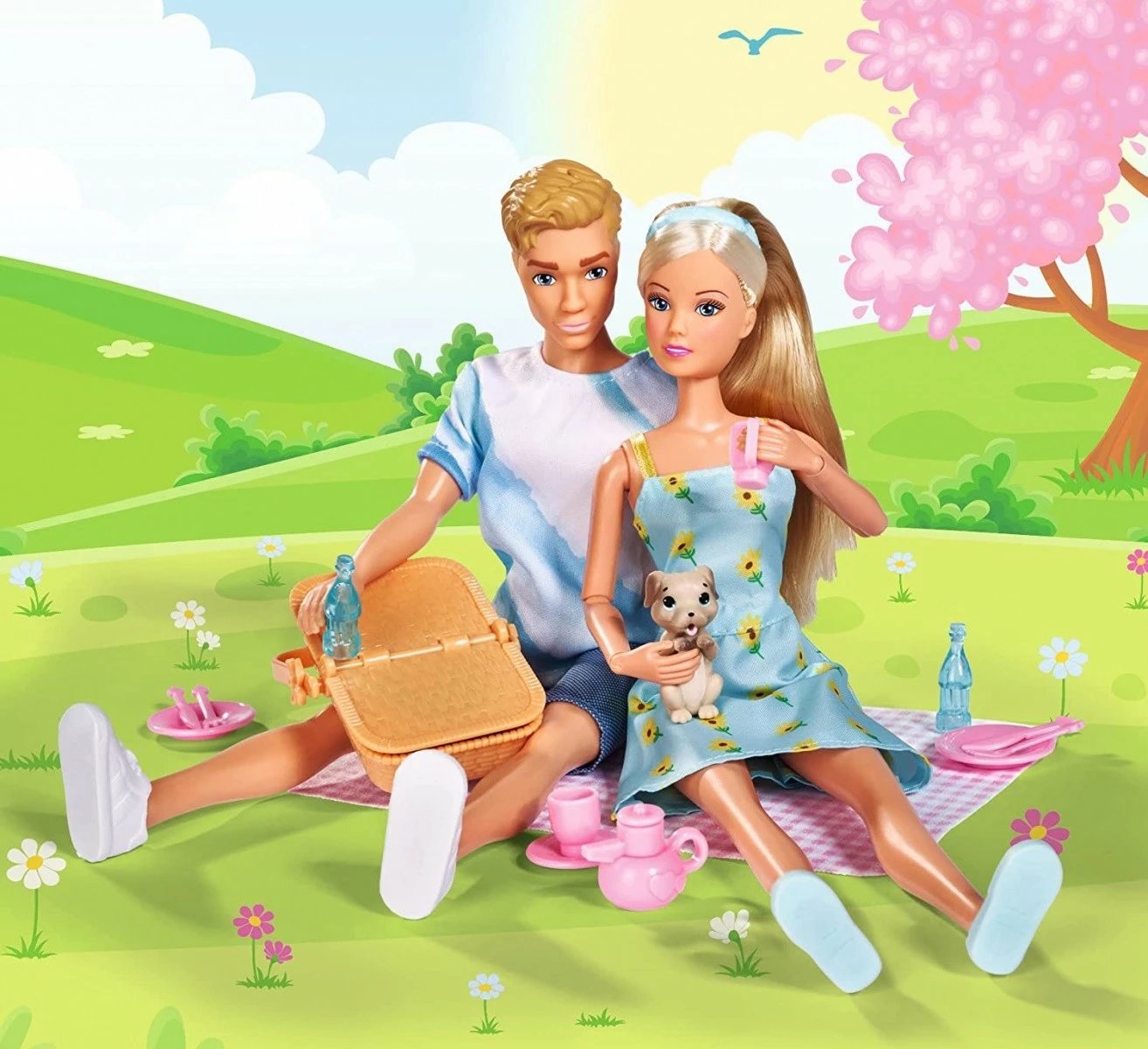 Set kukulla Steffi Love Simba, Steffi dhe Kevin në piknik, me qenush dhe 16 aksesorë