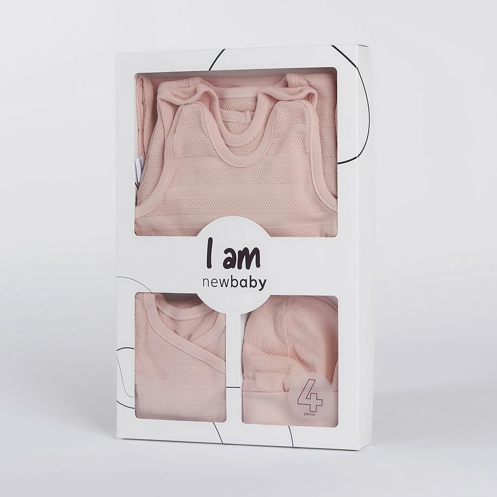 Set foshnje për të porsalindur, New Baby, I AM, 100% pambuk, madhësia 62 (3-6m), rozë, set 4-pjesësh