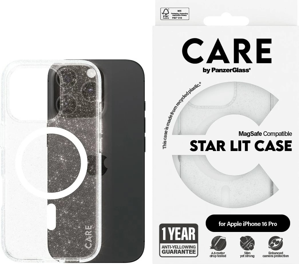 Mbështjellës PanzerGlass CARE Case Flagship Star Lit White MagSAFE për iPhone 16 Pro, transparent