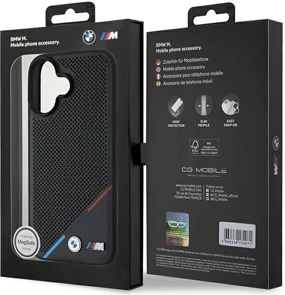 Mbështjellës BMW M Perforated Tricolor Line MagSafe për iPhone 16, Zi