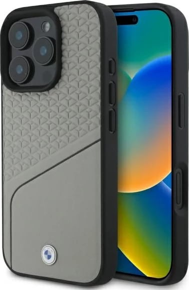Mbështjellës BMW Sign Leather Textured And Line MagSafe për iPhone 16 Pro Max, Gri